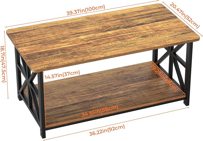 GreenForest Coffee Table with Round Corner, Farmhouse Center Table with 2-Tier