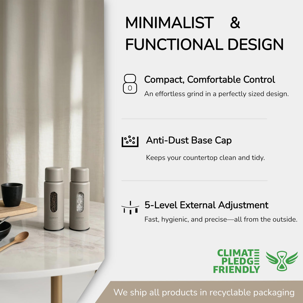 Aurevit Manual Salt Grinder, Single Salt Mill with Ceramic Grinding Core, External Adjustable Coarseness, Refillable, Durable Design (Buttercream)