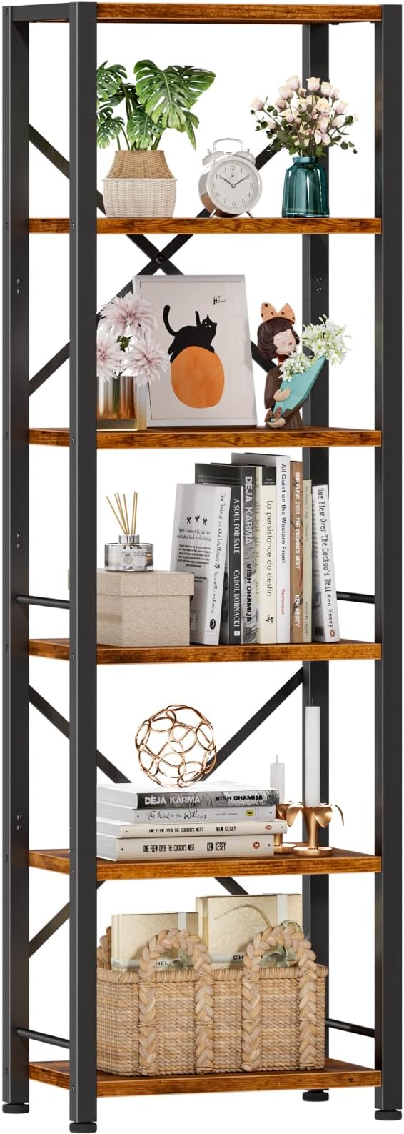 Furologee 6 Tier Tall Bookshelf, Industrial Narrow Bookcase, Display Standing