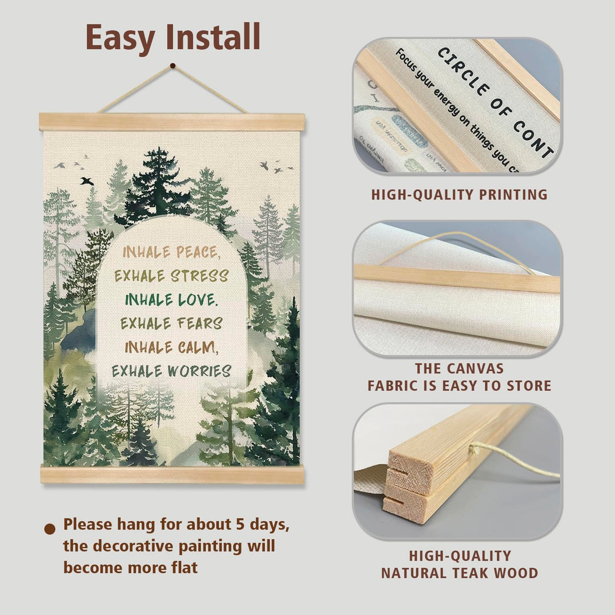 Mindfulness Wall Art Decor,Inhale Exhale Inspirational Forest Poster with Wooden Hanger, Mental Health Decor for Therapy Office, Counseling Room, Yoga Studio, Calm Down Corner, 14x18.5Inches(BG015)