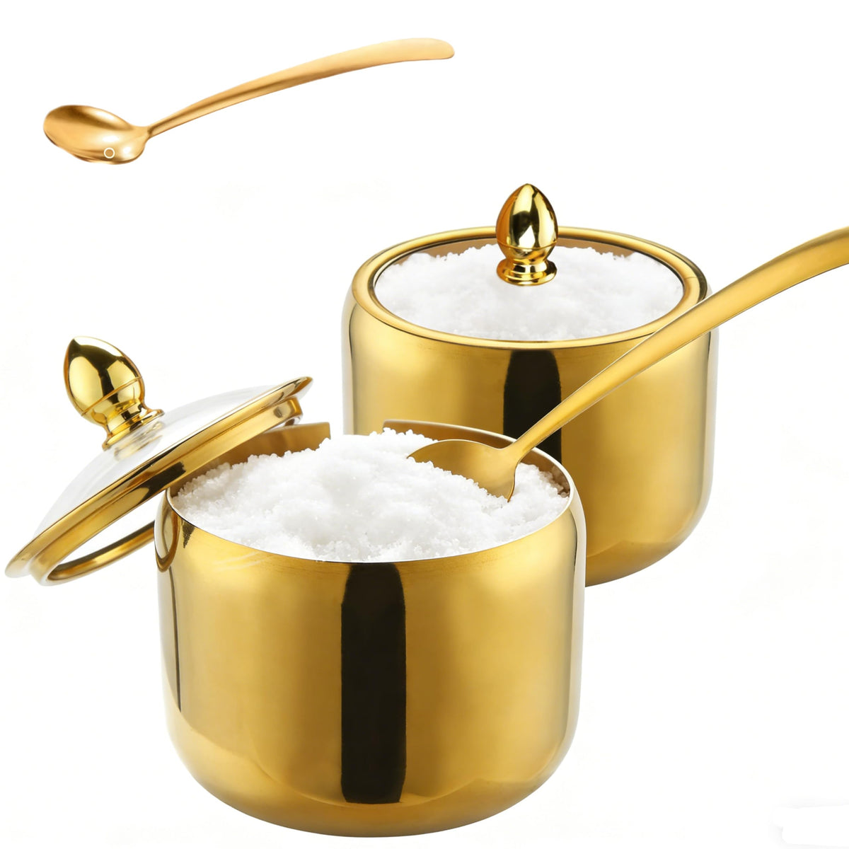 10oz Sugar Bowl 2-Pack with Lid|Gold coffee bar sugar container, includes 2 stainless steel canisters with clear lids. This Suitable for kitchen countertop, seasoning storage, and stylish home decor.