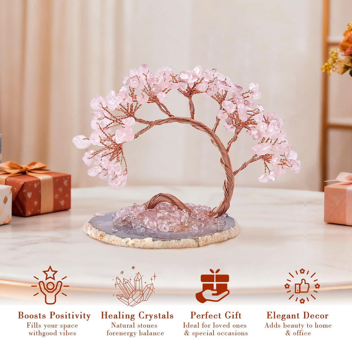Rose Quartz Crystal Tree with Agate Slice Base - Handmade Feng Shui Money Tree for Love & Abundance, Mini Pink Desk Bonsai, Heart Chakra Healing Decor & Gift
