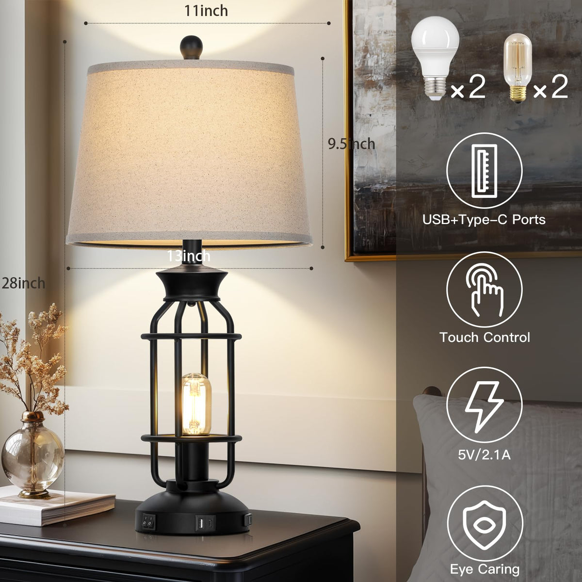 28" Vintage Table Lamps with USB C+A Ports & AC Outlet, Industrial Farmhouse Table Lamp Set of 2, Black Modern Nightstand Beside Lamps with 2 Night Light for Living Room Bedroom(4 LED Bulbs Included)