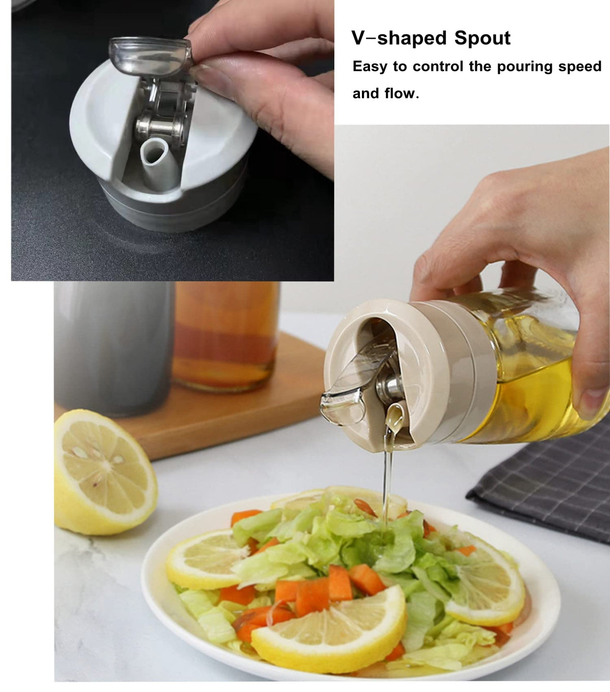 TIAN CHEN Soy Sauce Dispenser Set, Auto Flip Cap Vinegar Bottles, 3 in 1 Leakproof Glass Cooking Oil Container with Base Small(8.5OZ, Apricot)
