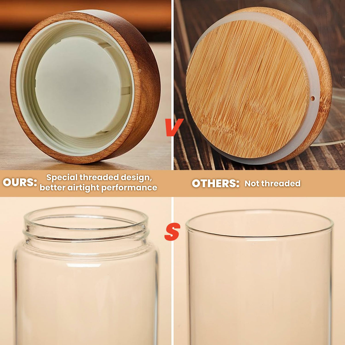 17 Fl oz/500 ml Glass Food Storage Jar, Premium Clear Glass Container Jar with Airtight Screw-on Wooden Lid, Kitchen Canisters for Coffee,Tea,Pasta,Cookies, Nuts,Spice,Candy,Overnight Oatmeal（Small)