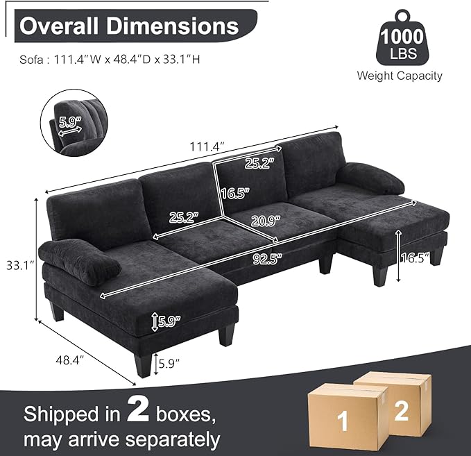 Karl home 111" Sectional Sofa U-Shaped 4-Seat Couch