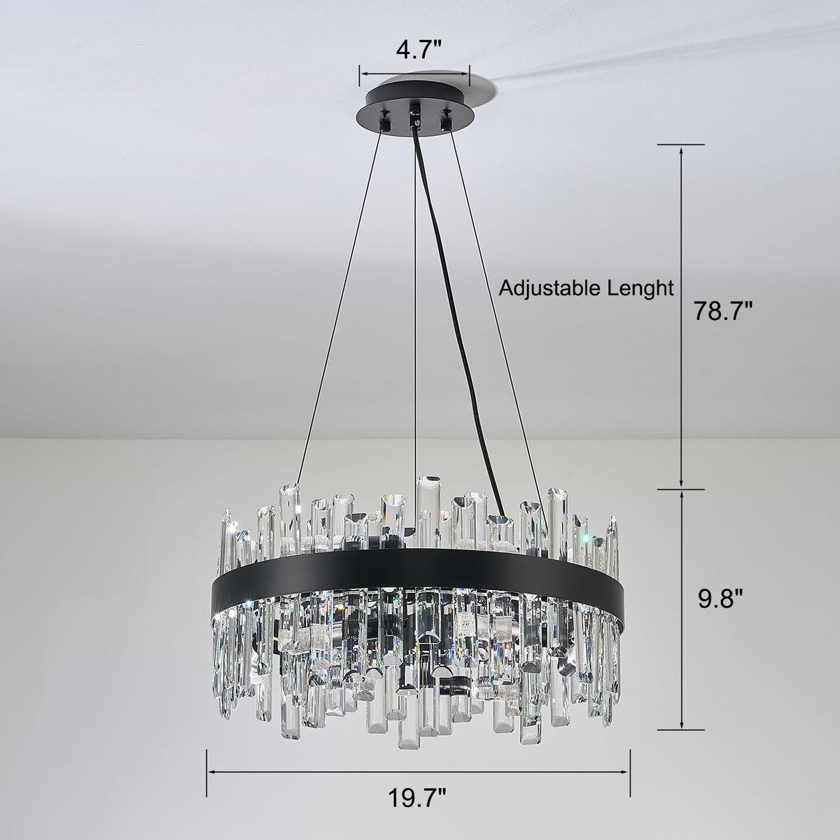 chandiry Round Crystal Chandeliers, D19.7 inch 12-Light Black Chandelier Lighting Fixture, Height Adjustable Pendant Ceiling Light for Living Room Dining Room Bedroom