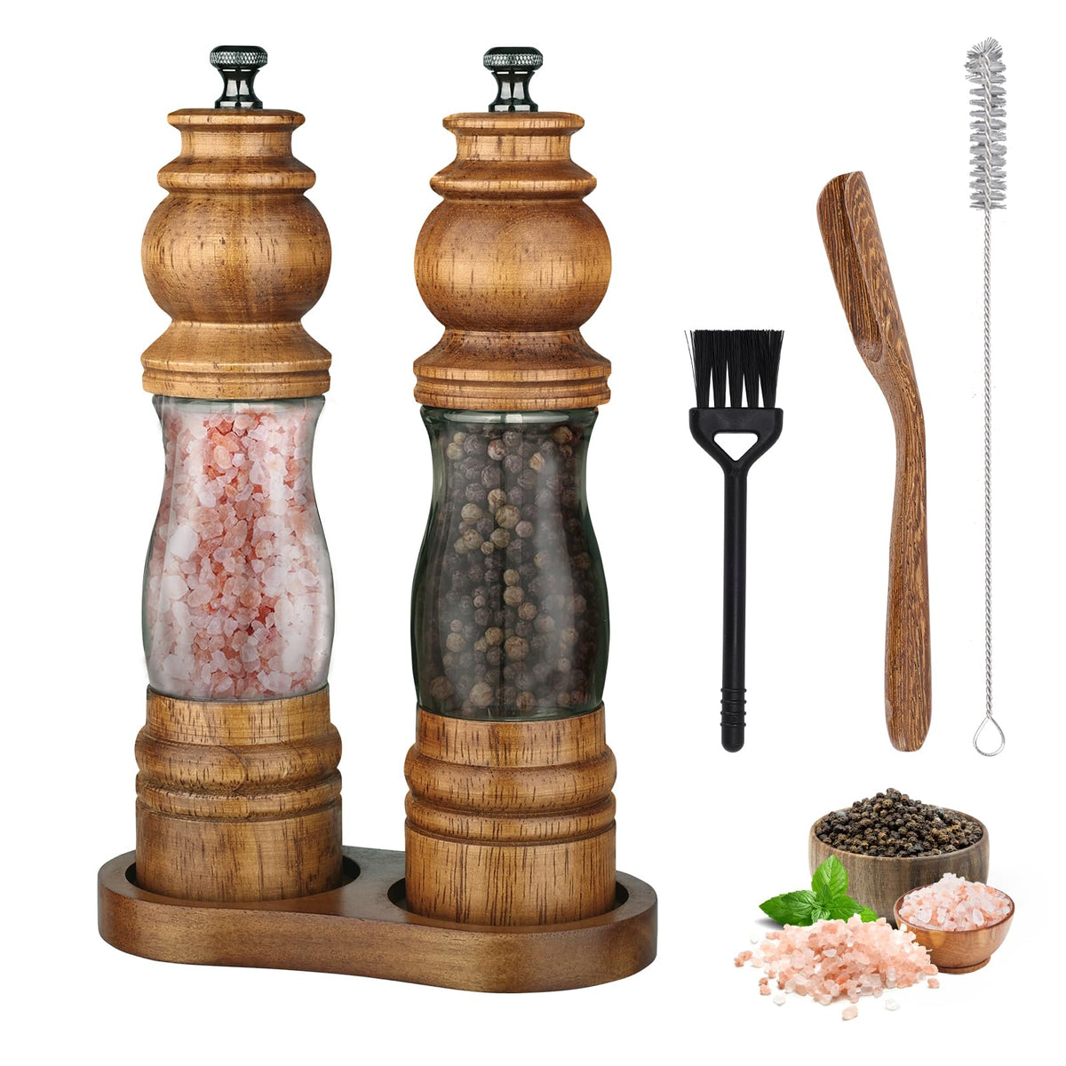 Foyucool Wooden Salt and Pepper Grinder Set with Wooden Tray and Spoon, 8 Inch Manual Salt and Pepper Mill, Adjustable Coarseness, Refillable with Ceramic Core for Spices, Clear Acrylic Chamber