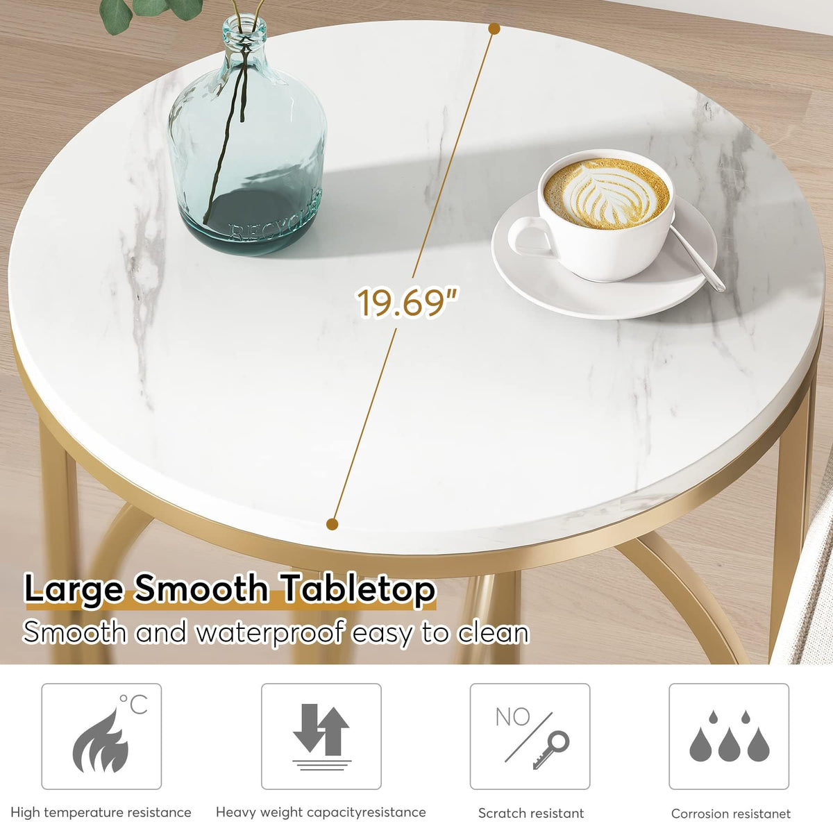 LITTLE TREE 20” Round End Table，Modern Sofa Side Table with Gold O-Shaped Base, Faux Marble White Cocktail Table Accent Table Nightstand for Living Room Bedroom, 2PCS