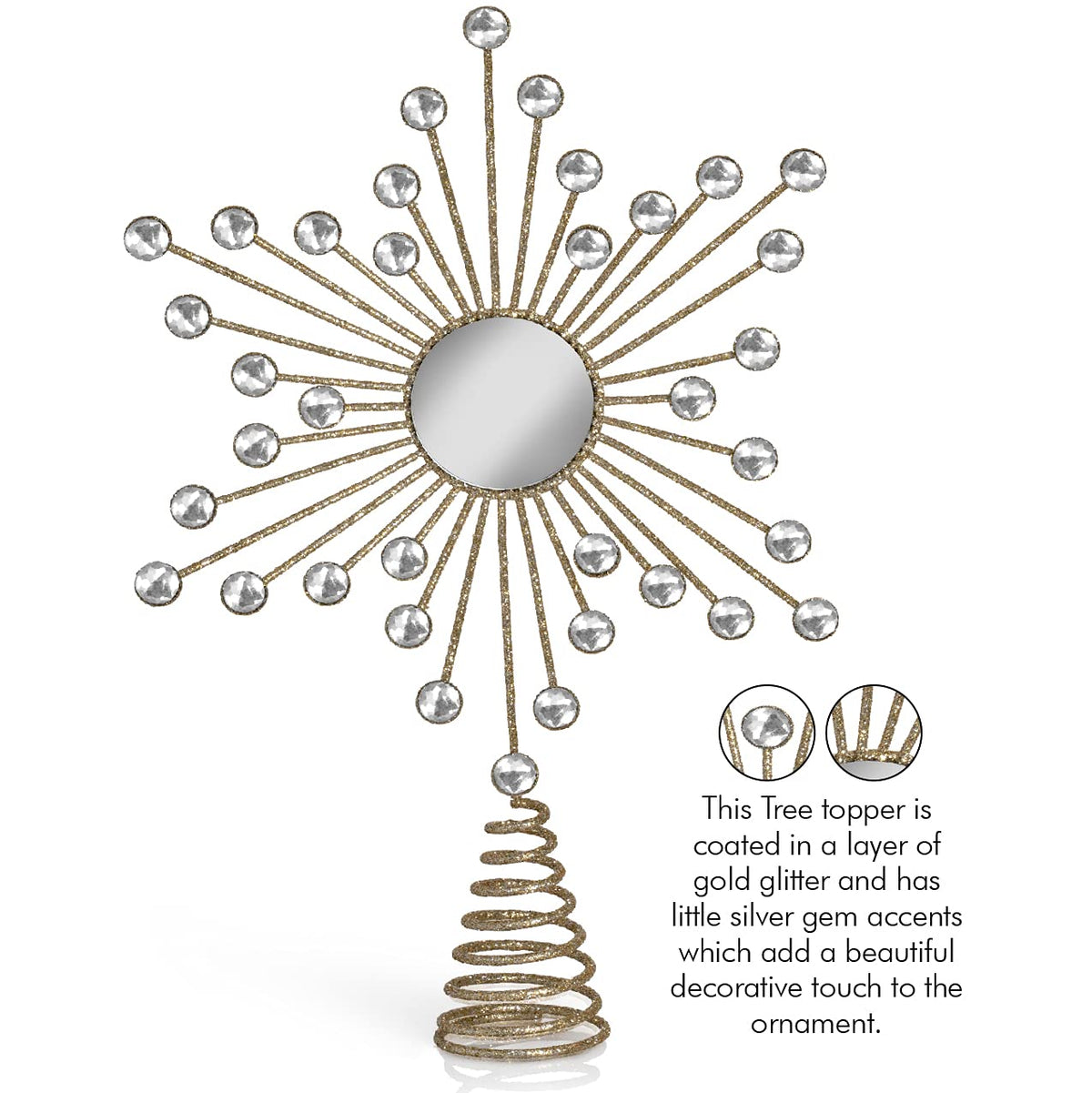 Ornativity Jewel Star Tree Topper - Gold Glitter Sparkling Metal Wire Xmas Star Topper with Sparkly Gem Finish Christmas Tree Top Holiday Decor Ornament Decoration 12"