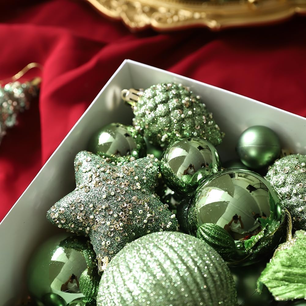 Christmas Ornaments Set, 48ct Green Shatterproof Christmas Tree Decorations Ball Large Glitter Christmas Flowers Hanging Ornament，for Xmas Trees Decor Indoor Home Holiday Party