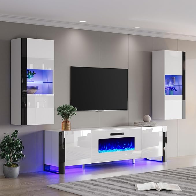 AMERLIFE 3-Piece Modern Wall Unit Entertainment Center Set, High Gloss 80"