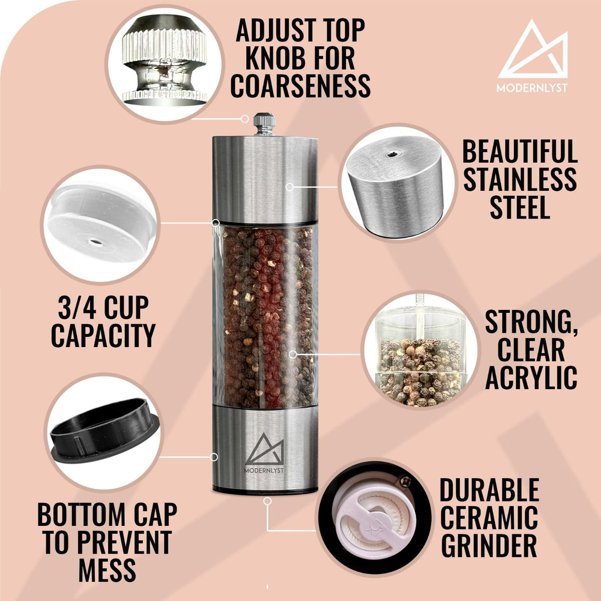 MODERNLYST Salt and Pepper Grinder Set Manual 2 Pack | Large Round Salt and Pepper Shakers Set | 7.5 inch Stainless Steel Salt Grinder Refillable | Manual Pepper Grinder (Stainless Steel)