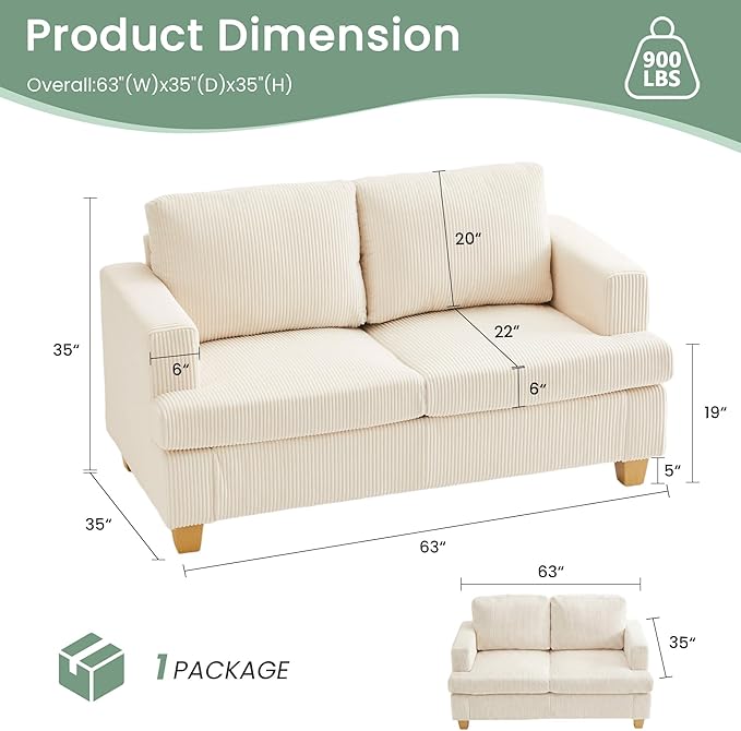 YOUDENOVA 63" Corduroy Sofa Couch Loveseat
