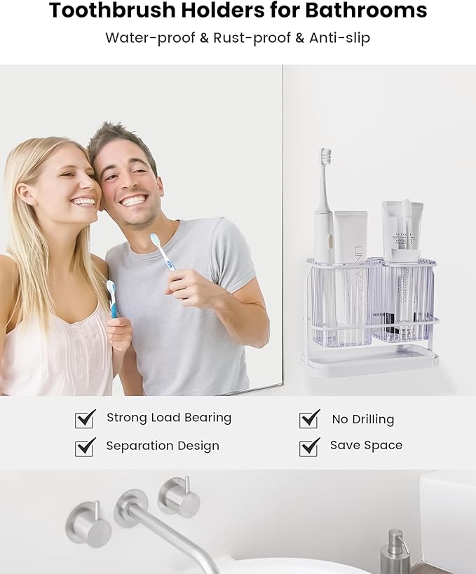 KONE Clear Toothbrush Holders for Bathroom, 2 Cups Wall Mounted, Dry & Wet