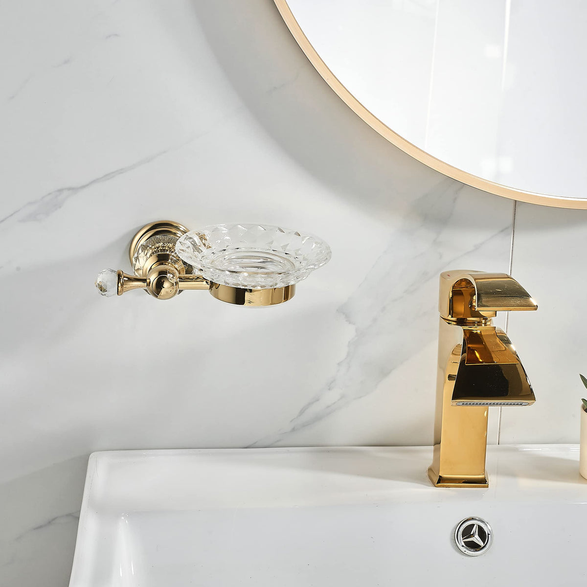 WOLIBEER Crystal Soap Dish Holder, Polished Gold Shower Soap Holder Stainless Steel Soap Saver Tray for Bathroom Wall Mounted