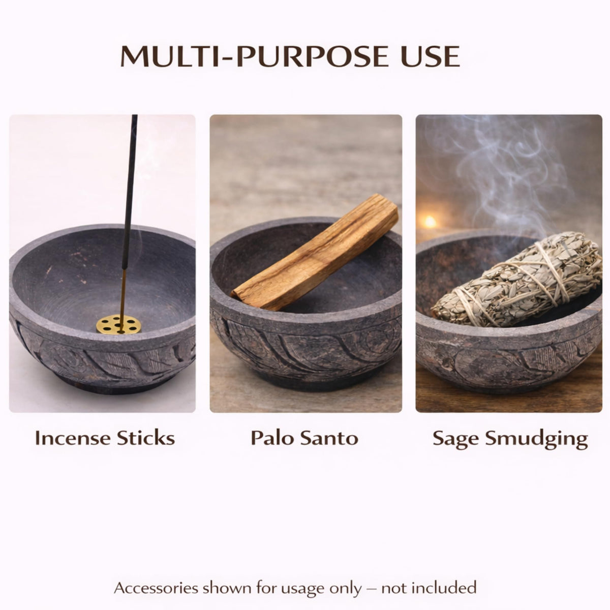 KC KULLICRAFT Natural Grey Marble Incense Holder Bowl – 5" Ash Catcher Burner for Meditation, Smudge, Palo Santo – 9-Hole Brass Insert Fits Most Incense Sticks.