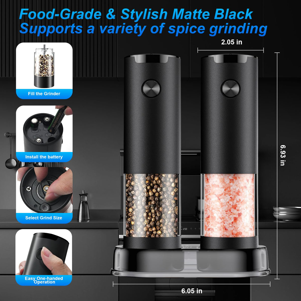 JIDSPWLS Electric Pepper and Salt Grinder Set（2 Pack Black/Black）Adjustable Coarseness Salt & Pepper Mill,With LED Light,Easy to Clean,Battery Powered,One Handed Operation,Kitchen Essential
