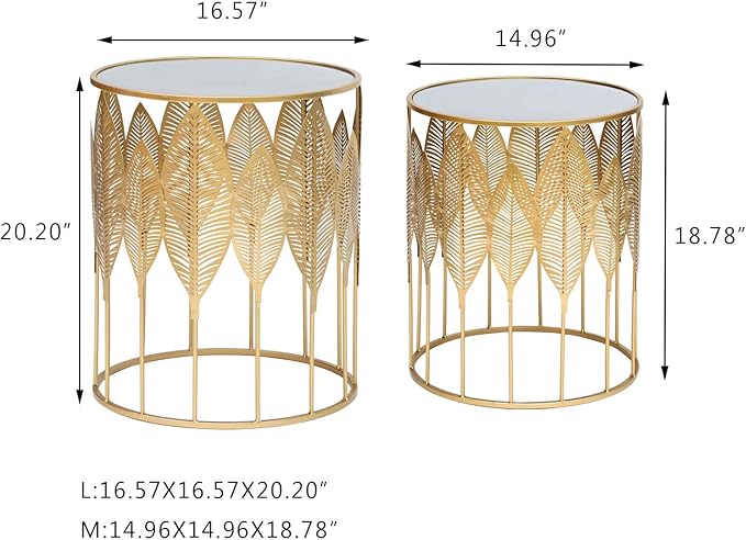 Homebeez Gold Nesting Tables Set of 2, Glam Leaf Design Round End Table