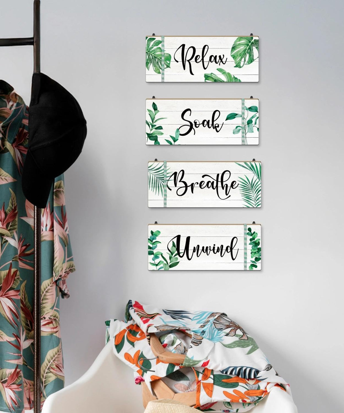 Putuo Decor Bathroom Wall Decors Relax Soak Breathe Unwind Wall Decor Set of 4, Botanical Bathroom Quote Wood Sign Panels, Spa Style Hanging Wall Art for Bathroom, Bedroom, Yoga Room, Apartment