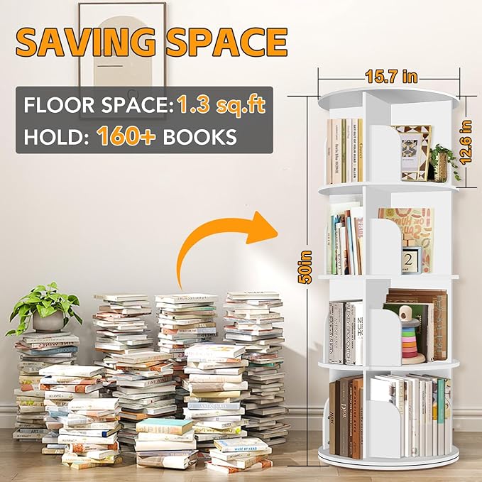 RUNSUNSPRI 4 Tier Rotating Bookshelf Tower, Spinning Bookshelf, Revolving 360°