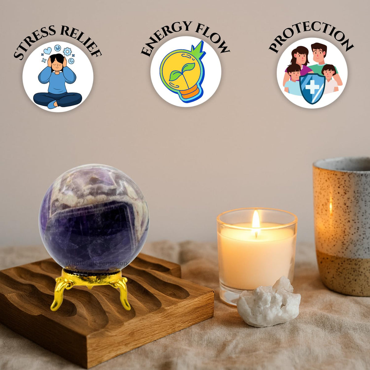 GEMSCITE Amethyst Natural 50-55 mm Gemstone Ball Sphere with Stand Hand Carved Crystal Altar Healing Devotional Focus Spiritual Chakra Cleansing Metaphysical Gift for Men Women from India