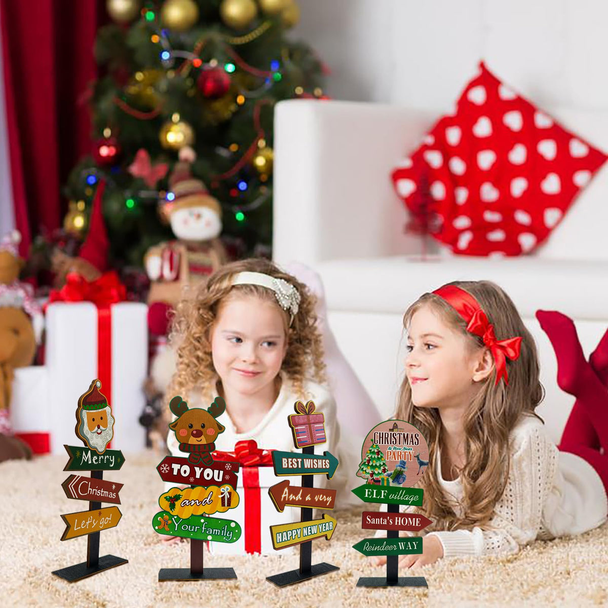 YvSuZeBuDa Christmas Table Decorations, 4 Piece Wooden Rectangular Sign Boards, Rustic Farmhouse Style, Polychrome, 8.86 x 4.72 Inches, Wall Mount with Twine, Cozy Theme