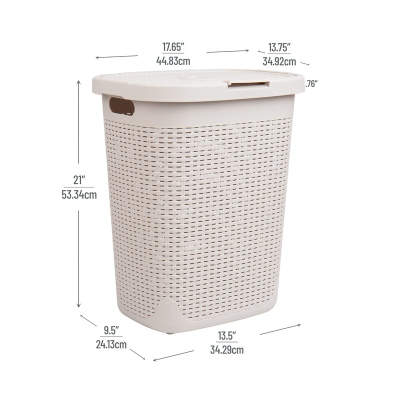 Mind Reader 50L Slim Laundry Hamper, Set of 2, Clothes Basket, Lid, Wicker Design, Plastic, 17.65"L x 13.75"W x 21"H, Ivory