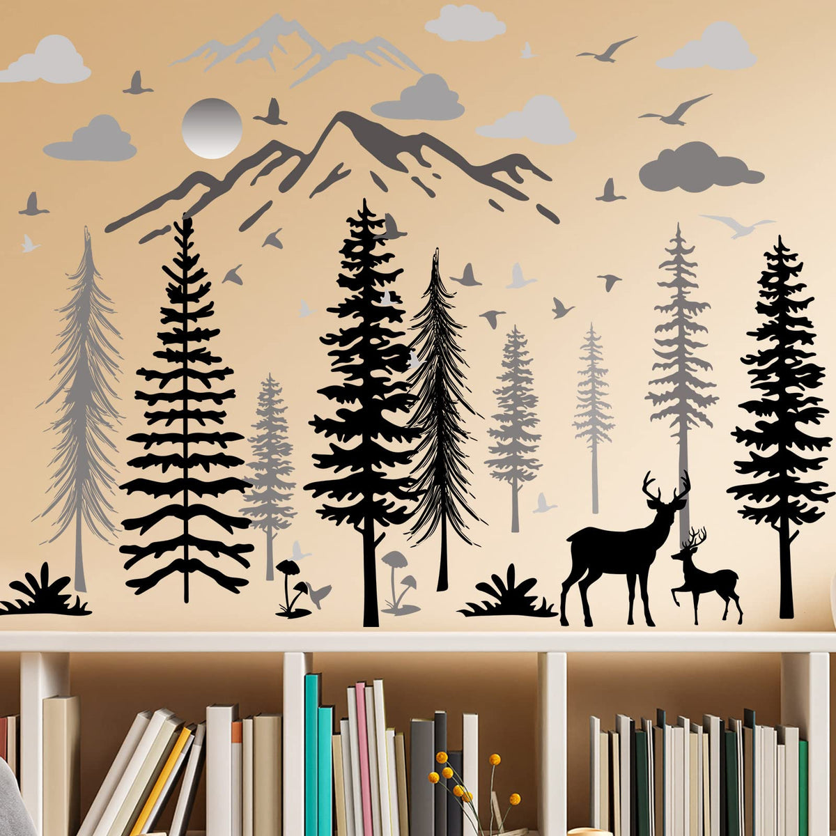 Teling 8 Pieces Winter Snowflake Wall Decals Stickers Dreamy Nursery Forest Woodland Trees Deer Pine Tree Wall Decals for Kids Room Winter Decor(Black, White, Gray)