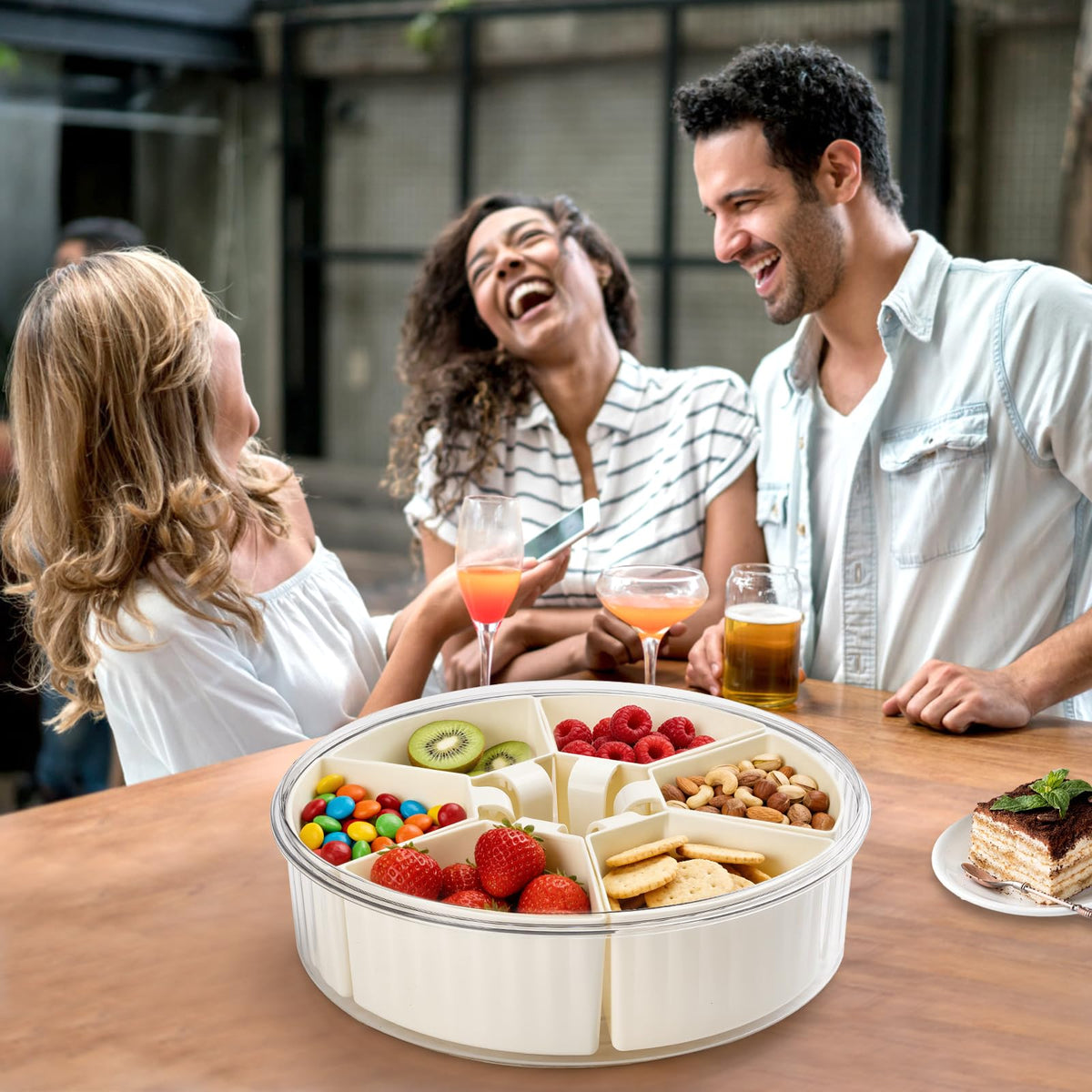 Divided Snack Serving Tray with Lid and Handle，Snackle Box Container for Fruits Candy Organizer，Portable Spinning Rounded Veggie Tray for Kitchen, Party, Trave and Picnic