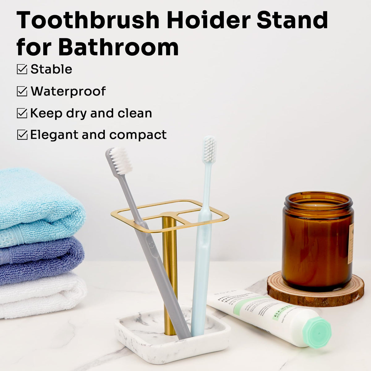 DODAMOUR Stainless Steel Toothbrush Holder with Marble-Style Weighted Base, 3-Section Organizer for Electric Toothbrushes & Toothpaste, Bathroom Countertop Stand (Gold)