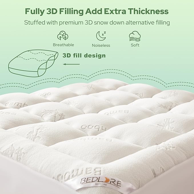 BEDLORE Twin Mattress Topper Viscose Derived from Bamboo, Thick Pillow Top