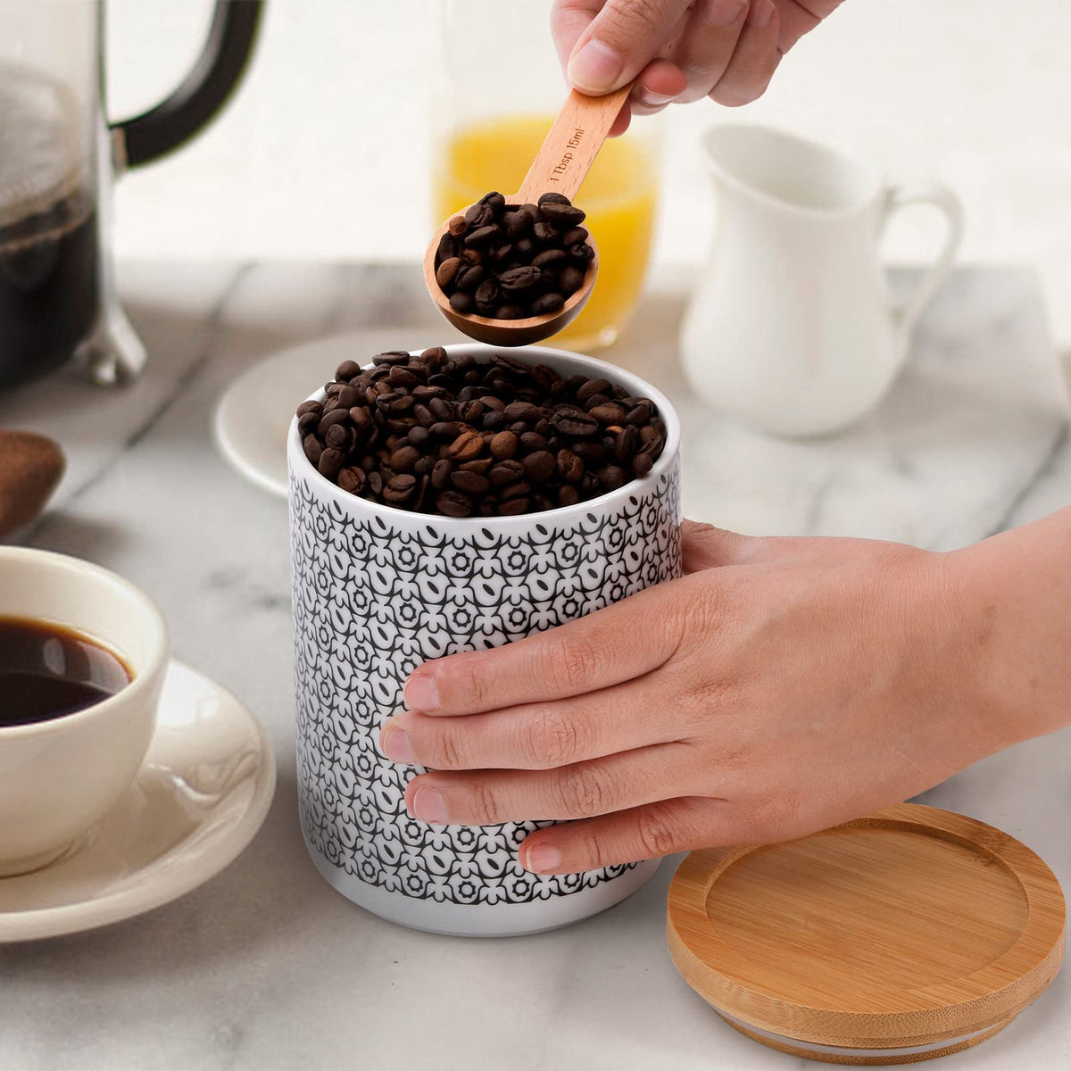 Yesland Ceramic Kitchen Canisters Set of 3, 24oz Airtight Food Storage Jars with Bamboo Lids, Round Coffee Tea Sugar Containers, Lead-Free Dishwasher Safe, Black Flower Pattern