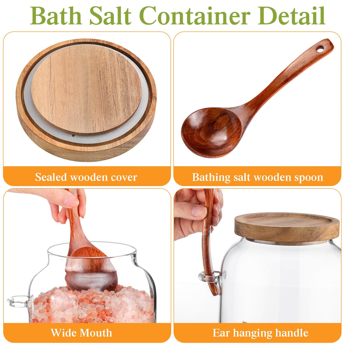 SiliFine 1 Piece 94 oz Bath Salts Glass Jar with Wooden Lid, Bath Salt Container with Scoop, Airtight Storage Bathtub Accessories for Women
