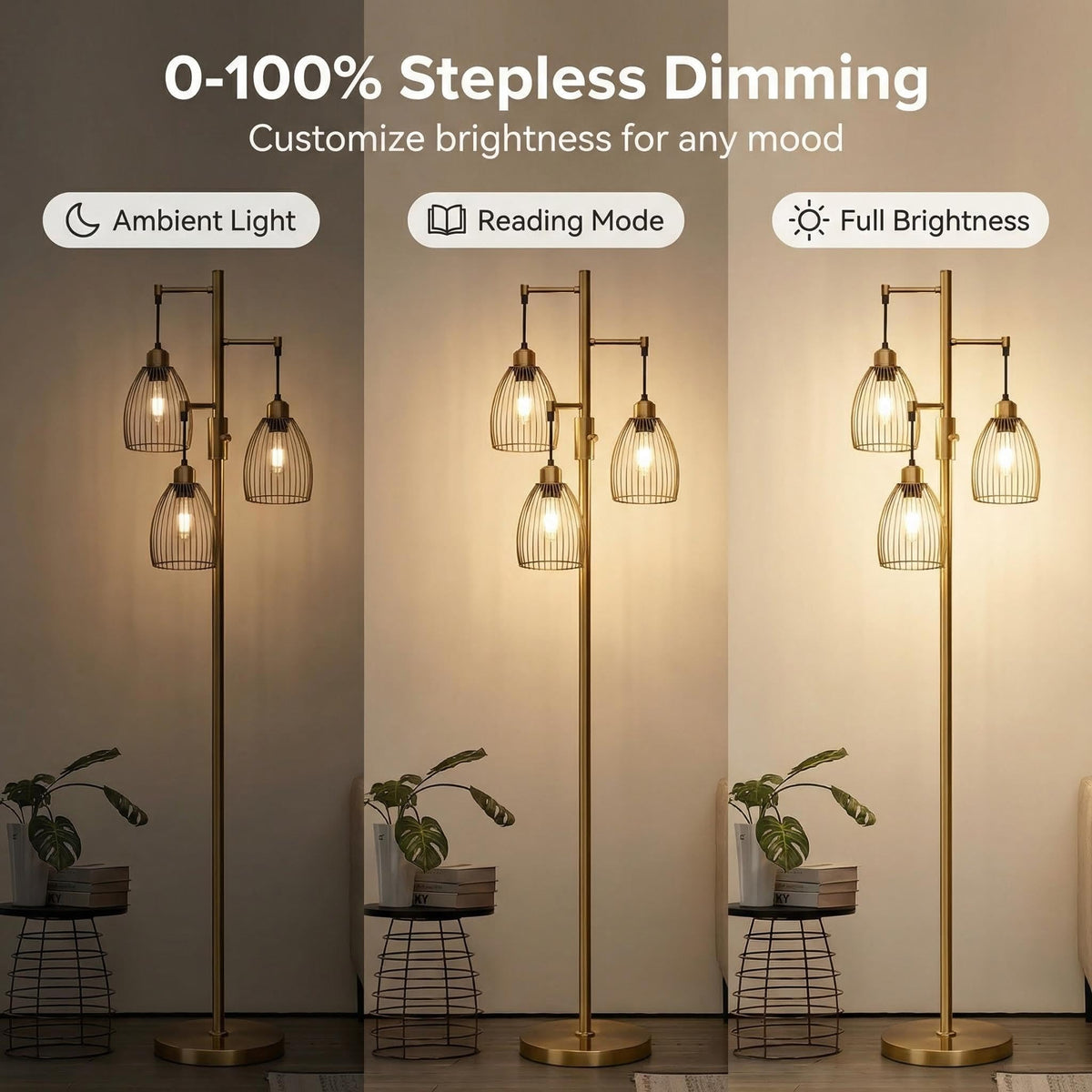 Dimmable Floor Lamp, Industrial Floor Lamps for Living Room, Antique Brass Tree Lamp Standing Lamp Tall Lamps with 3 Elegant Teardrop Cage Head & 800 Lumens LED Bulbs for Living Room Bedroom Office