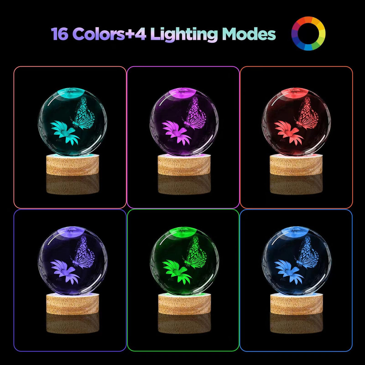 Huntalg 3D Butterfly Crystal Ball Night Light with 16 Colors and 4 Modes, Upgraded K9 Crystal, 3.15 Inch Butterfly and Flower Figurines, Remote Control, Gift Box