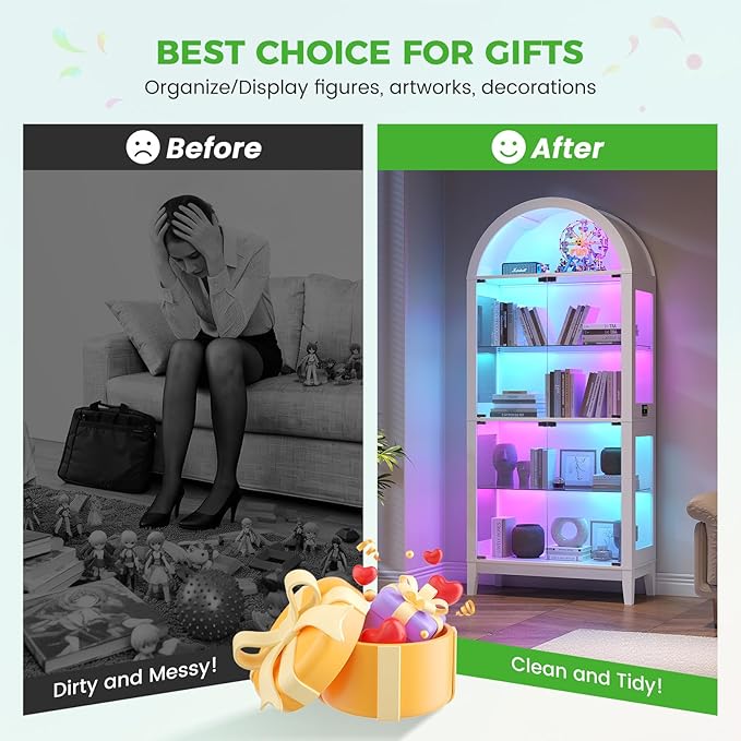 HNEBC Arched Display Case with RGB Lights, LED Curio Cabinet with Shelf