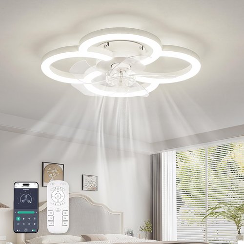 FTZVRD Low Profile Ceiling Fans with Lights and Remote, Fandelier Ceiling Fan Flush Mount, 3000K-6500K Smart 5 Blades LED Fan Light, Small Ceiling Fans with Lights for Bedroom, Kitchen