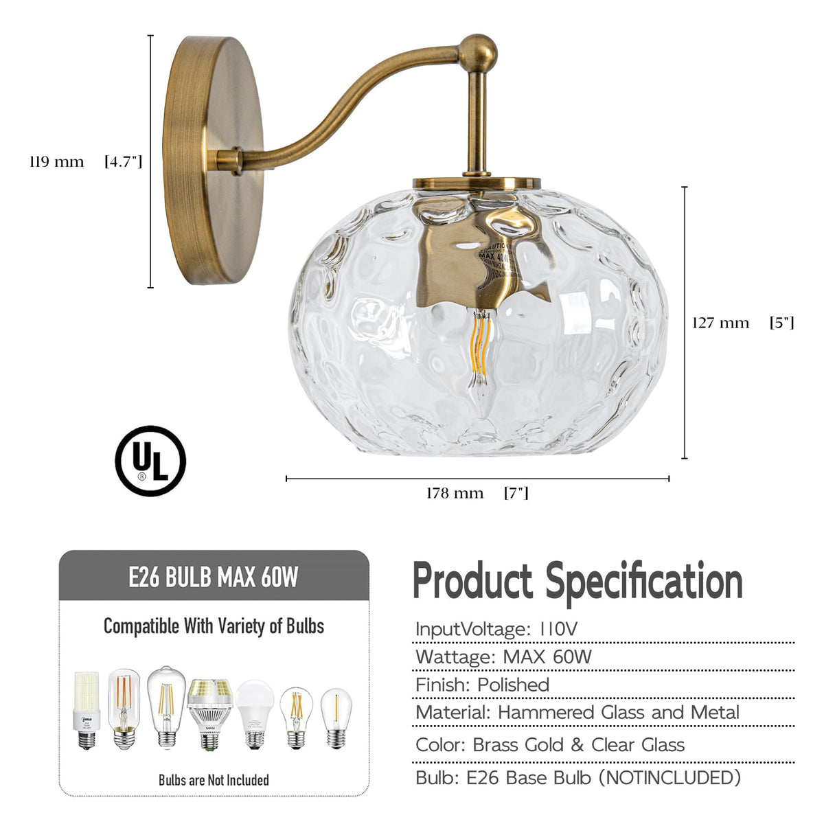 Wrlmfy Modern Iridescent Glass Wall Sconce Gold Brass Wall Light Set of 2 Hammered Clear Glass Vanity Light for Bedroom Hallway Living Room Stairwell Bathroom Over Mirror
