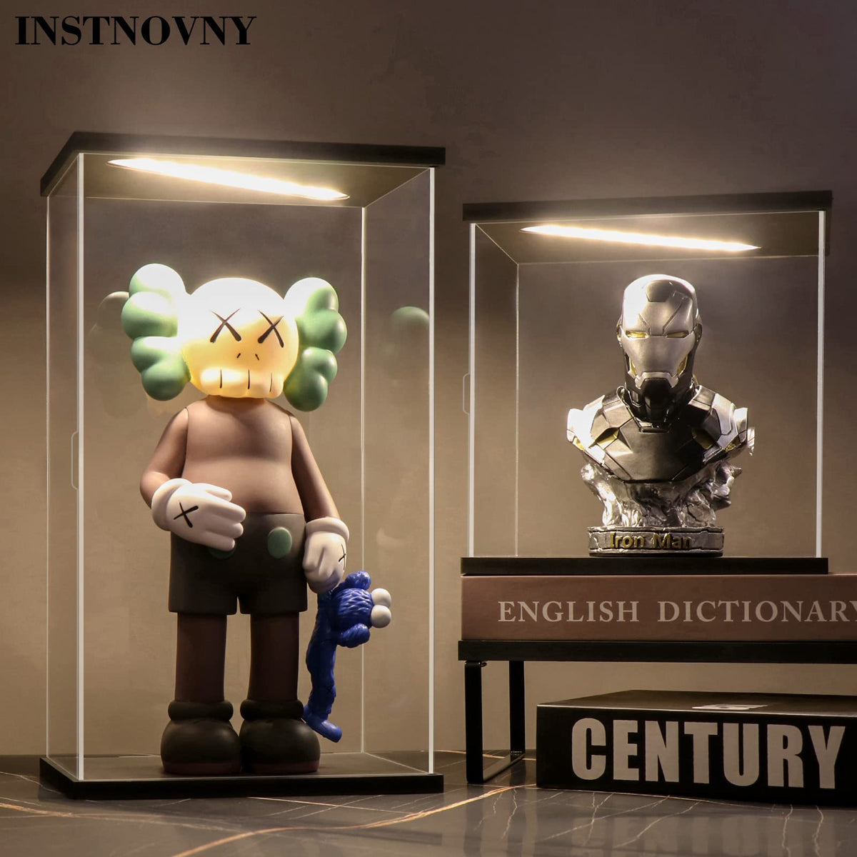 Instnovny Acrylic Display Case for Collectibles Clear Dustproof Acrylic Boxes for Display Trophy Figure Toys Lighted Lego 21042 Display Case Storage Box(Black-Solid Yellow; 7.9*7.9*18.9 inch)