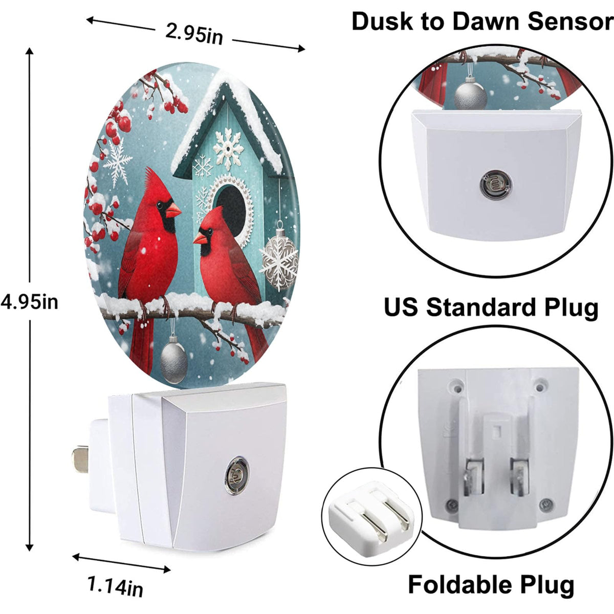 Uanvaha Bird Cardinal Night Light Snowy Tree Red Birds on Branch Winter Plug-in Nightlight Energy Saving 0.5W LED Lighting for Boys Girls Men Women