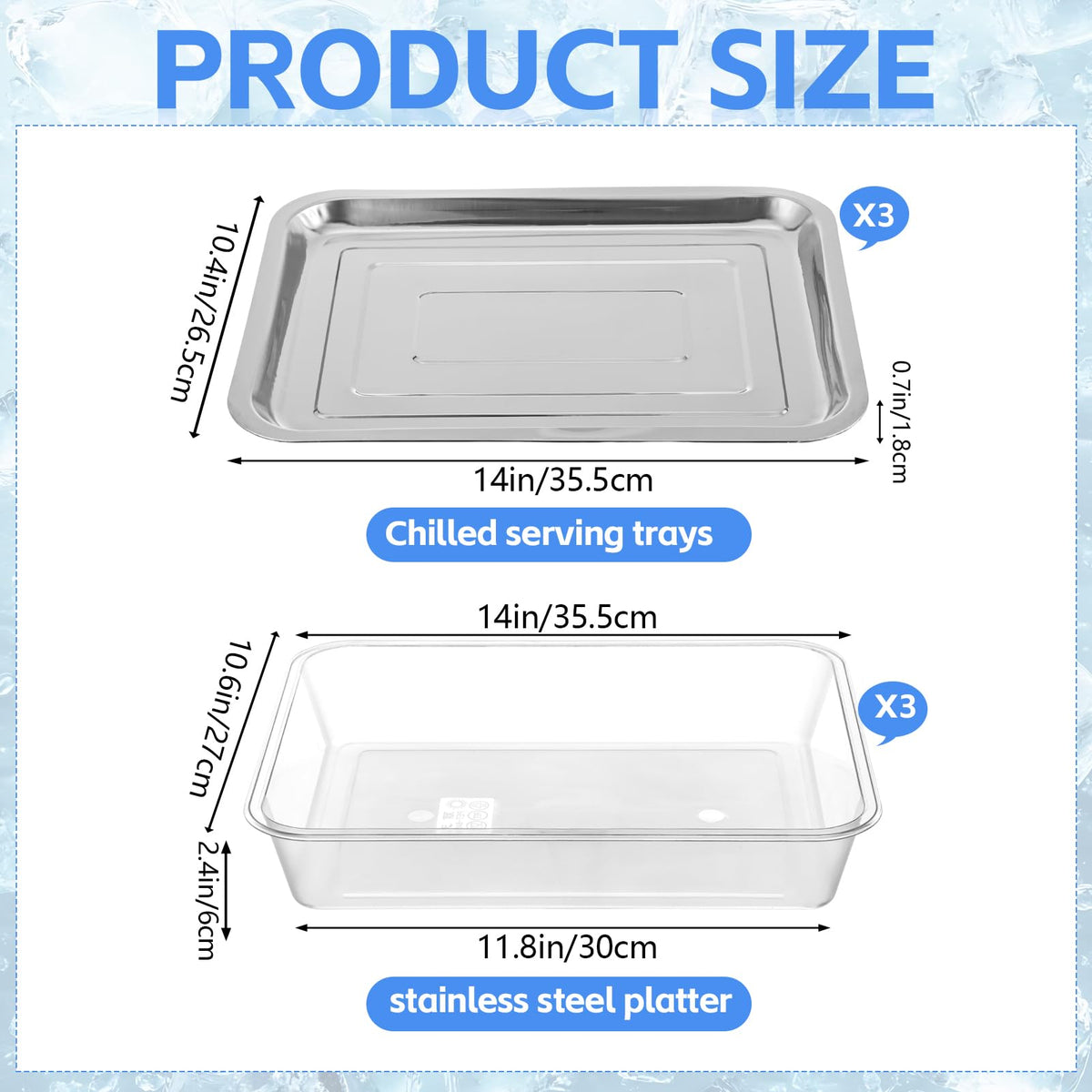 3 Set 14.2 Inch Chilled Serving Trays for Parties, Shrimp Cocktail Serving Dish with Compartments, Stainless Steel Ice Chilled Party Cooling Charcuterie Serving Board for Fruit Veggies Shrimp Cocktail