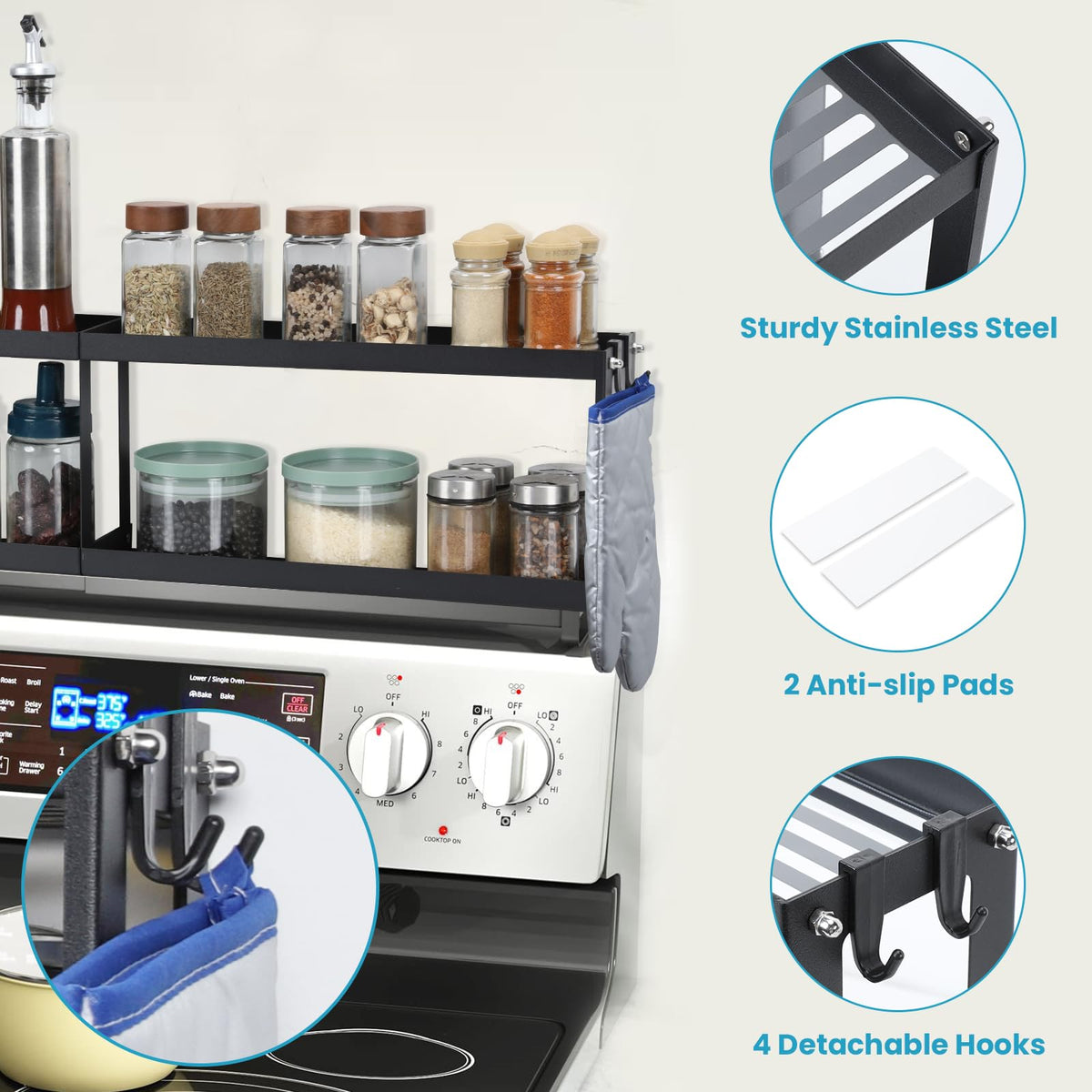 OTraki 2 Tier Strong Magnetic Oven Shelf 30 Inch Length Spice Rack Over The Stove Shelf with 2 Anti-Slip Mats Seasoning & 4 Hooks Kitchen Spice Storage Organizer Black