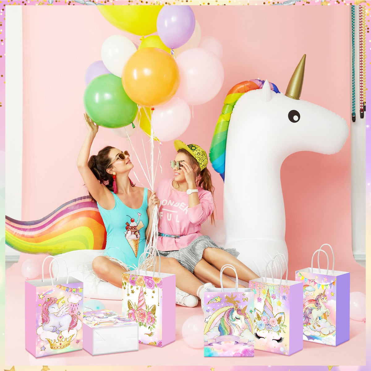 Kolldenn 24 Pcs Unicorn Party Favor Bags for Birthday Party Supplies Cute Unicorn Gift Goodie Paper Bags with Handles Rainbow Goody Treat Candy Pouch‌ for Girls Birthday Baby Shower Decorations