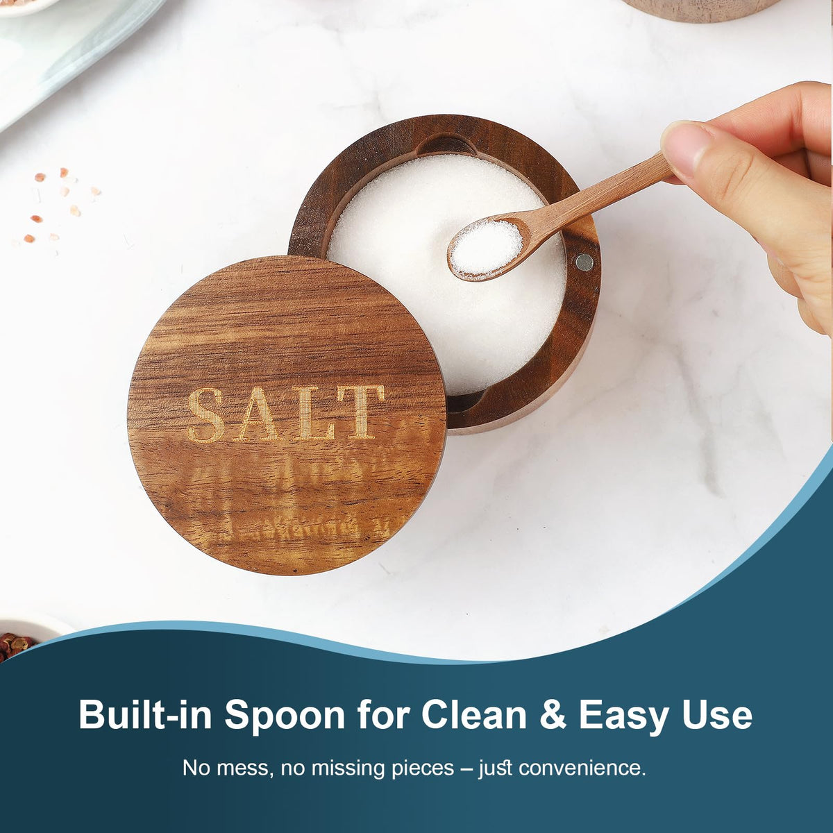 Timtopno Salt Cellar, Elegant Salt and Pepper Set, 2PCS Acacia Wood Salt Container with Built-in Spoon & Swivel Lid, Engraved SALT & PEPPER Box, Salt Holder for Countertop Seasoning Storage