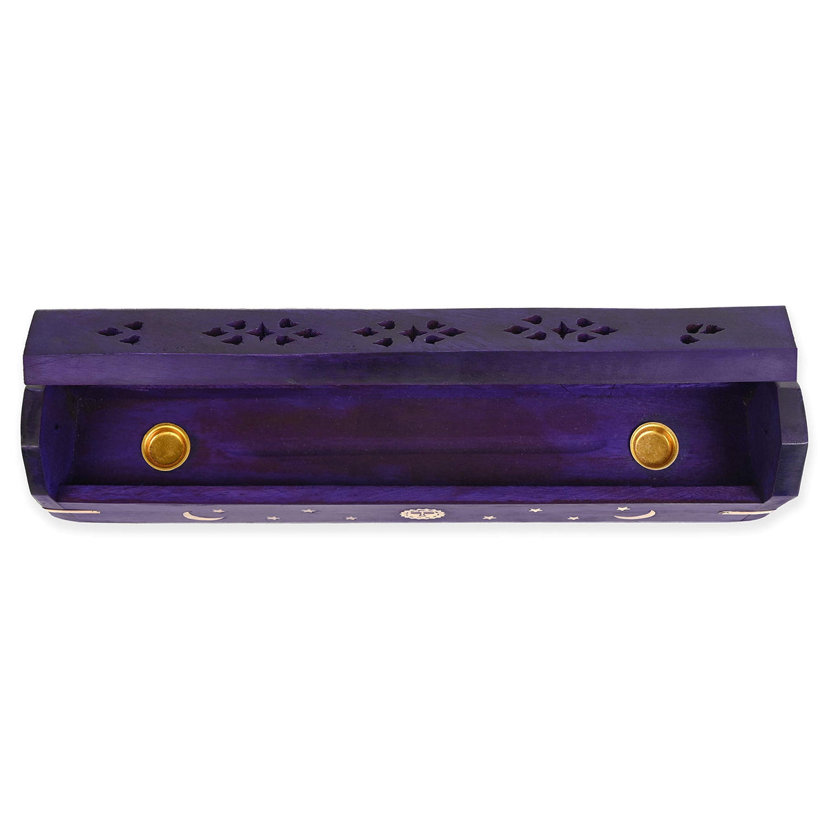 Incense Garden Pack of 2 Incense Stick Holder - Coffin Style - Wood Incense Stick Burner with Sun Moon Star Inlays Handmade with Brass Inlays (Purple)