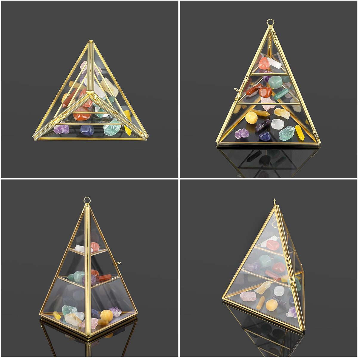 ELLDOO 3 Tier Glass Display Case for Collectibles, Triangular Crystal Display Shelf, Crystal Holder Decorative Display Tray for Crystals Healing Stones Marbles, Gold Metal Jewelry Display Stand