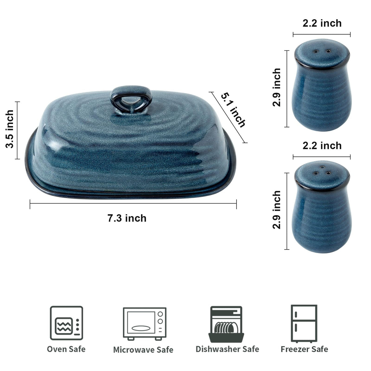 Hasense Ceramic Salt Pepper Shakers and Butter Dish Set, 2 Pieces Navy Reactive Glaze Dinnerware Accessories Set Perfect for Home Decor, Kitchen Housewarming Gift