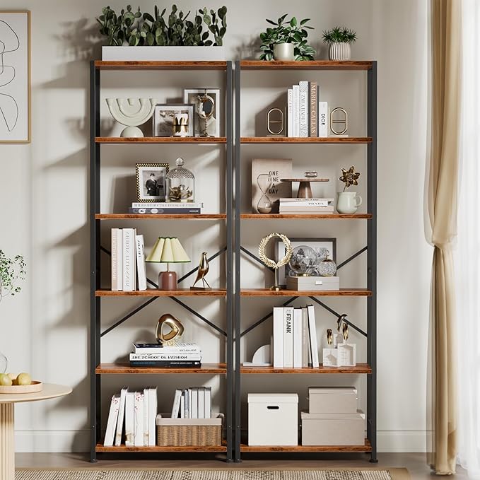 Furologee 6 Tier Book Shelf, Tall Wide Bookshelf, Industrial Open Bookcase