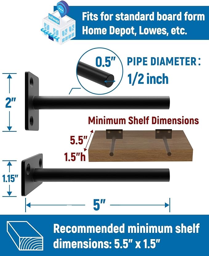 LEOPO Black 8-Pack 5 inch Floating Shelf Brackets, Hidden Shelf Bracket